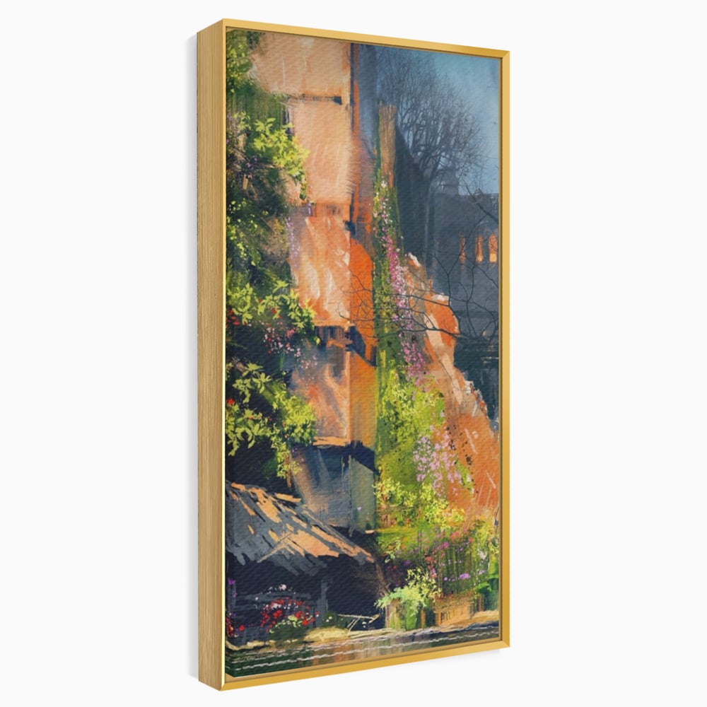 Tablou canvas cu pictura verticala cu ziduri vechi si flori, in rama de aluminiu auriu
